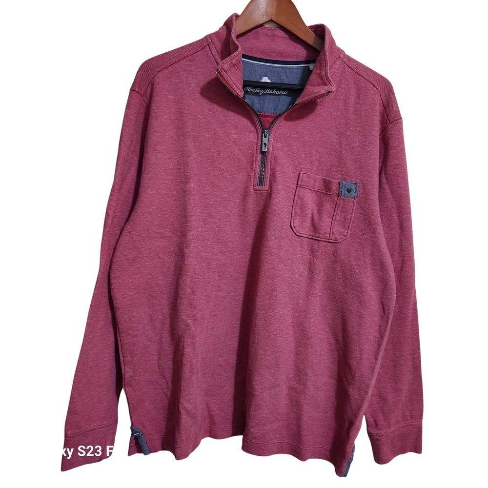 Tommy Bahama Sweater Mens Large Salmon Pink Red Quarter Zip Pullover Cotton Logo